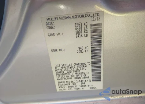 2019 Nissan Altima 2.5 Sr from USA, damaged, VIN 1N4BL4CV3KC148973